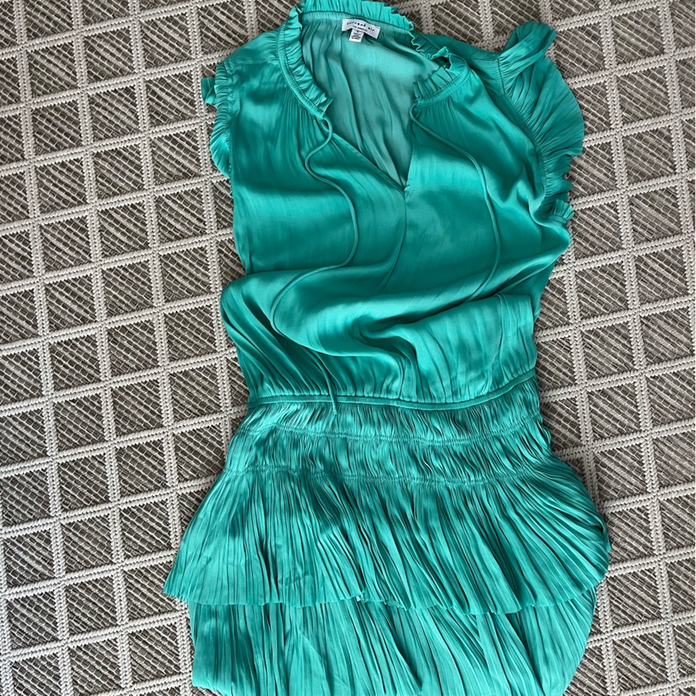 Current Air Green Sleeveless Mini Dress with Pleated Ruffles